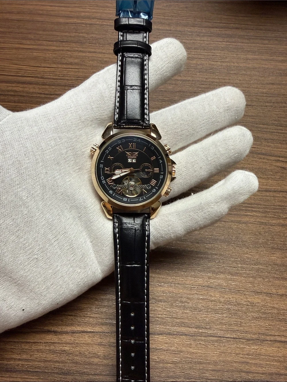 Automatic Black Dial Men’s Watch with Rose Gold Case and Black Leather Strap
